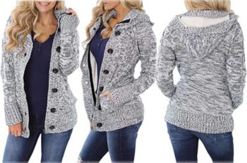 5. Sidefeel Women Hooded Knit Cardigans Cable Sweater Coat