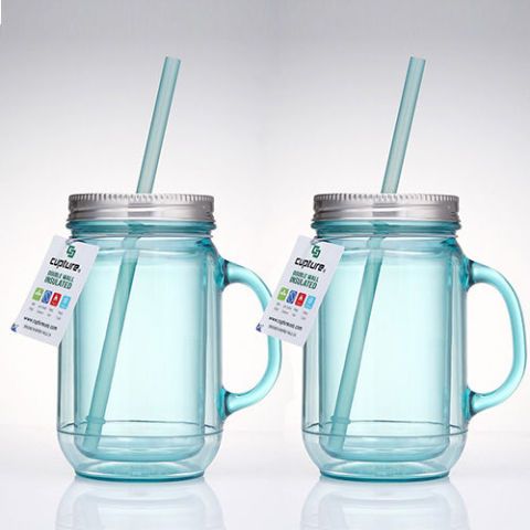 Cupture 2 Vintage Blue Mason Jar Tumbler Mug With Stainless Steel Lid and Straw