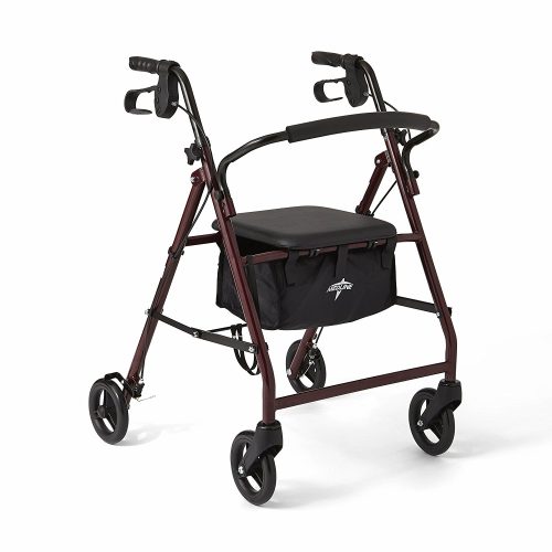 Medline Steel Foldable Adult Rollator Mobility Walker with 6” Wheels, Burgundy - Rollator Walkers with Seat