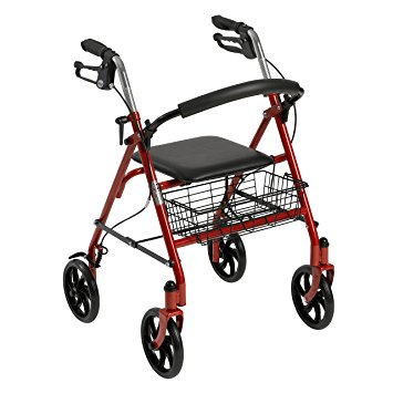 Drive Medical Four Wheel Rollator with Fold Up Removable Back Support, Red - Rollator Walkers with Seat