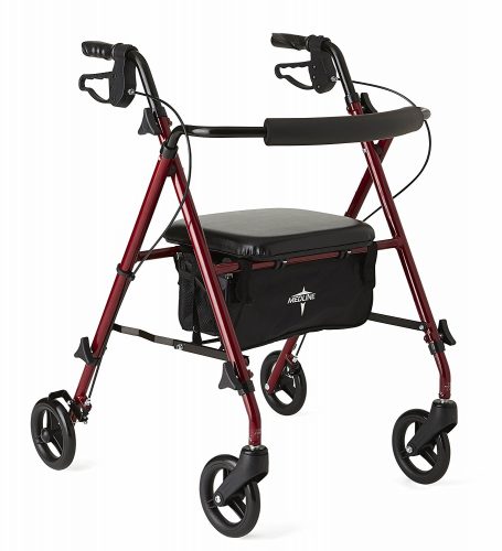 Medline Freedom Mobility Lightweight Folding Aluminum Rollator Walker with 6-inch Wheels, Adjustable Seat, and Arms, Burgundy - Rollator Walkers with Seat